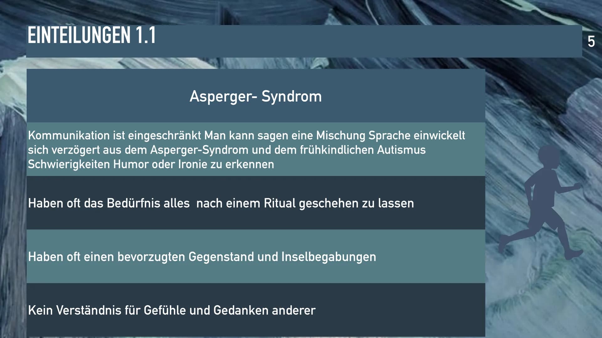 AUTISMUS-SPEKTRUM STÖRUNG
1 GLIEDERUNG
1. Gliederung
2. Warum haben wir dieses
Thema gewählt?
3. Einteilungen
4. Symptome
5. Behandlung
6. V