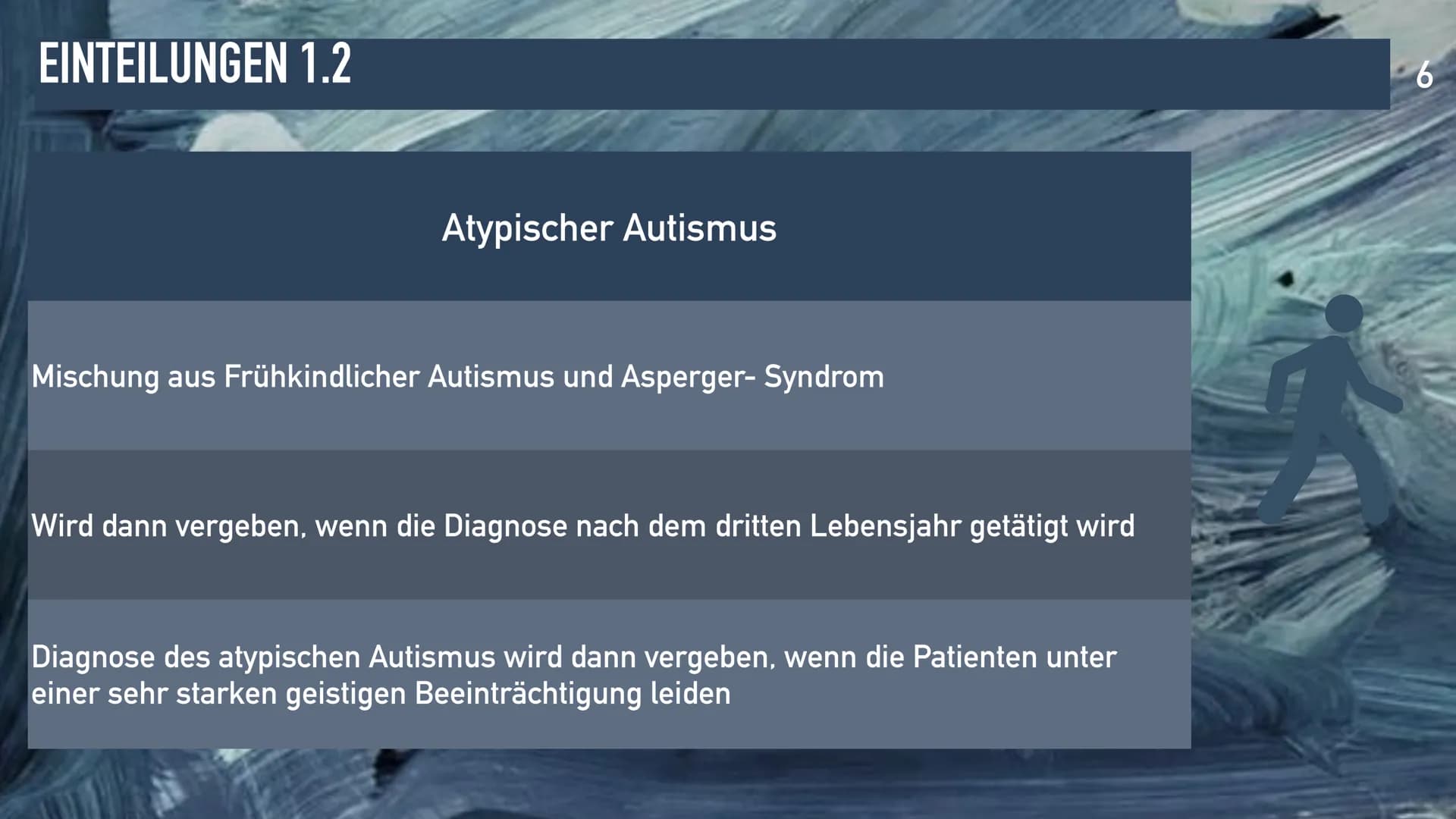 AUTISMUS-SPEKTRUM STÖRUNG
1 GLIEDERUNG
1. Gliederung
2. Warum haben wir dieses
Thema gewählt?
3. Einteilungen
4. Symptome
5. Behandlung
6. V