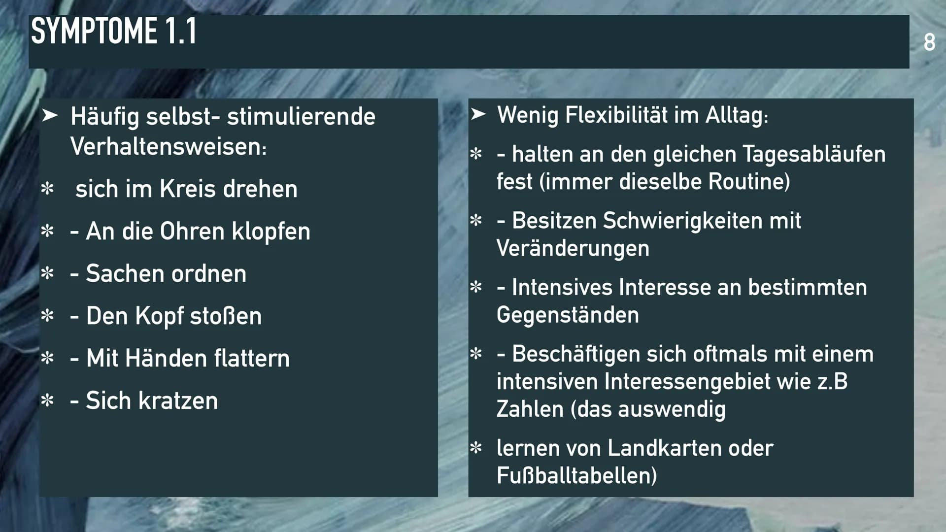 AUTISMUS-SPEKTRUM STÖRUNG
1 GLIEDERUNG
1. Gliederung
2. Warum haben wir dieses
Thema gewählt?
3. Einteilungen
4. Symptome
5. Behandlung
6. V