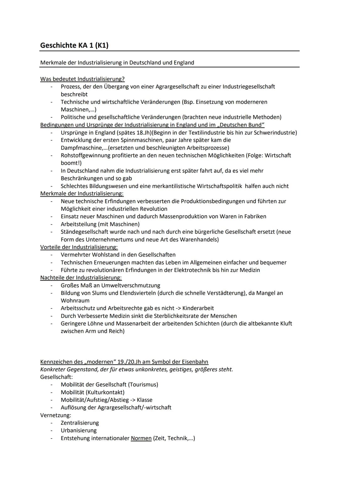Geschichte KA 1 (K1)
Merkmale der Industrialisierung in Deutschland und England
Was bedeutet Industrialisierung?
Prozess, der den Übergang v