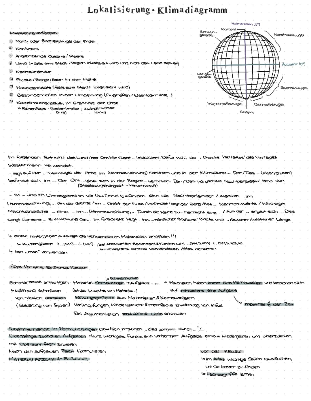 Lokalisierung und Klimadiagramm-Auswertung schreiben, Tipps für eine Erdkunde Klausur