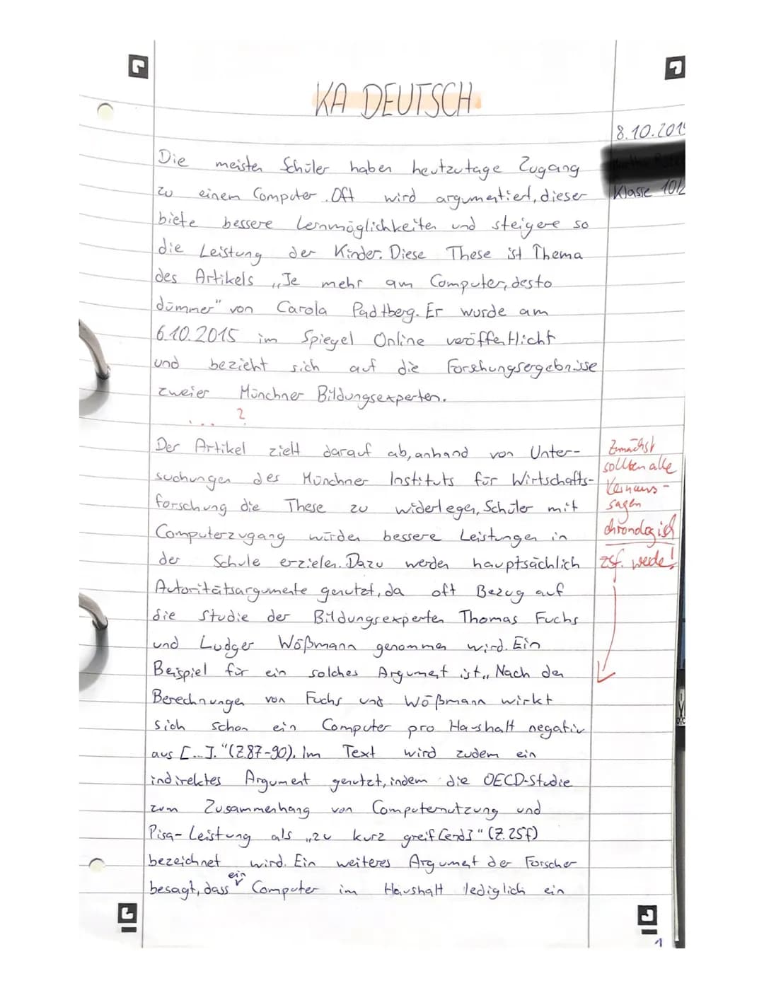 1. Klassenarbeit in Deutsch-Klasse 10
Thema: textgebundene Erörterung
Carola Padtberg: Je mehr am Computer, desto dümmer
Die Pisa-Studie leg