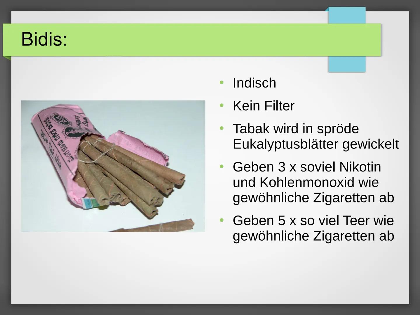 1. Aufbau einer Zigarette
Tabak und Tabakzusatzstoffe
Zigarettenpapier
Handout: Rauchen
Klebstoff
Druckfarben
Filterklebstoff
Filterumhüllun