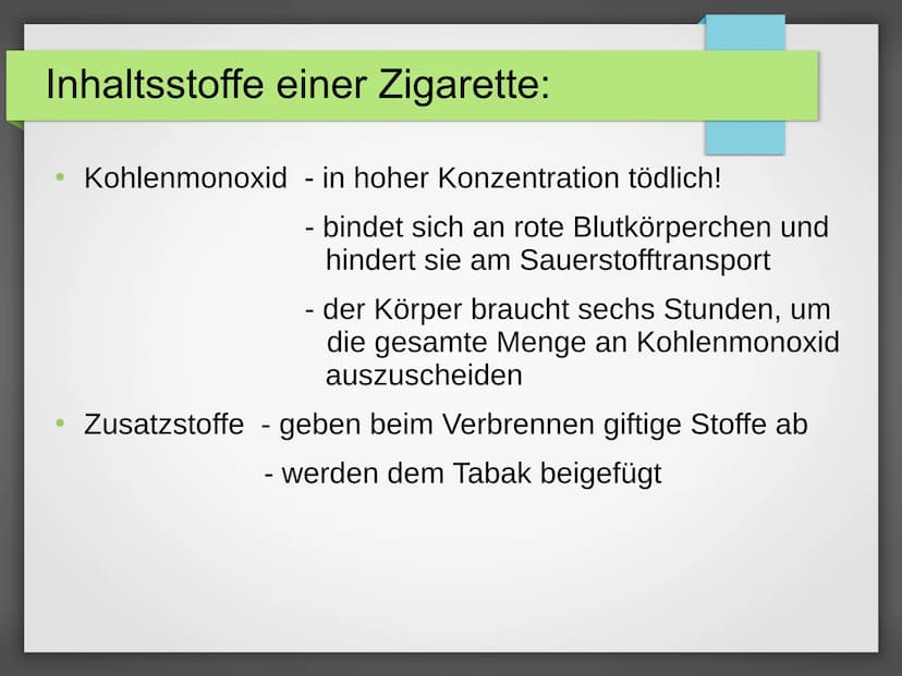 1. Aufbau einer Zigarette
Tabak und Tabakzusatzstoffe
Zigarettenpapier
Handout: Rauchen
Klebstoff
Druckfarben
Filterklebstoff
Filterumhüllun
