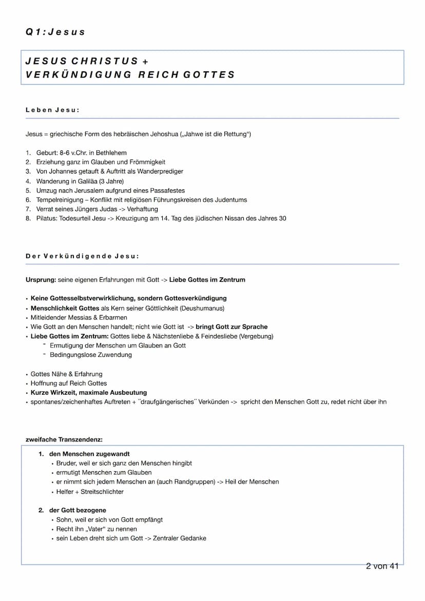 RELIGION
2021
1 von 41 Q1: Jesus
JESUS CHRISTUS +
VERKÜNDIGUNG REICH GOTTES
Leben Jesu:
Jesus = griechische Form des hebräischen Jehoshua (,