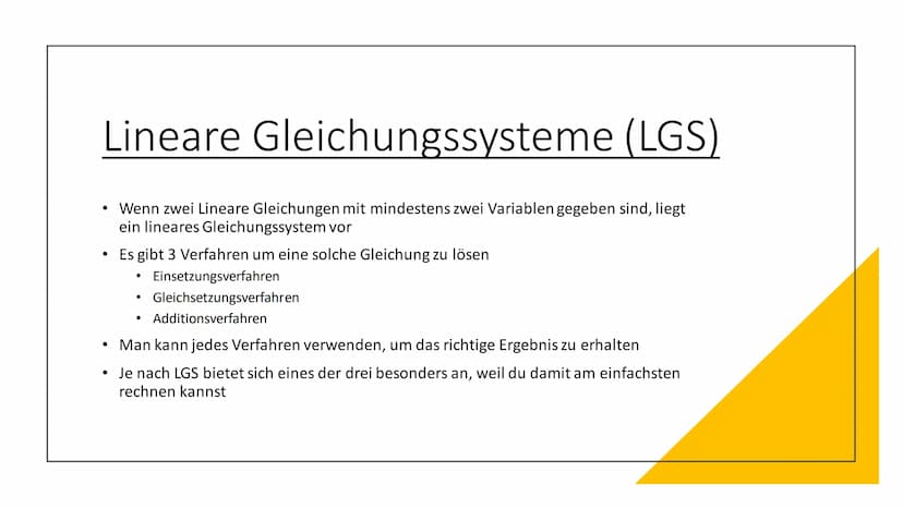 LGS/ Gauß
Verfahren Inhaltsverzeichnis
●
Fachbegriffe
Lineare Gleichungssysteme
●
Einsetzungsverfahren
Gleichsetzungsverfahren
Additionsverf