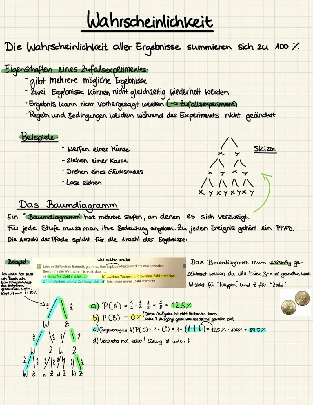 Wahrscheinlichkeit
Die Wahrscheinlichkeit aller Ergebnisse summieren sich zu 100%
Eigenschaften eines Zufallsexperimentes:
-gibt mehrere mög