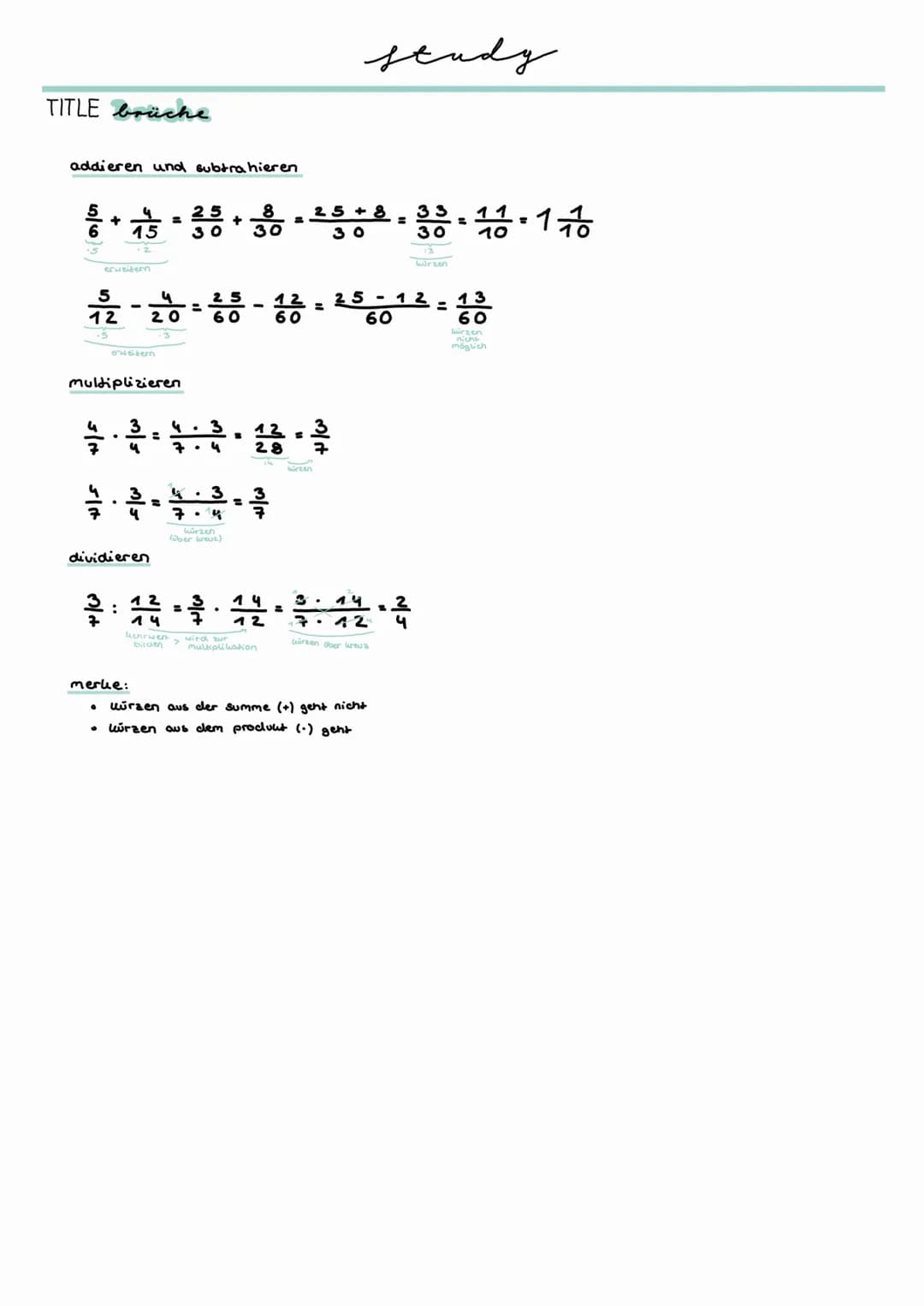 TITLE brüche
addieren und subtrahieren
4
25+
8
+
6 15 30 30
erweitern
음 - 응응 - 1층 지
=
=
12
20
60 60
multiplizieren
녹음
dividieren
=
3
12
음음 놀