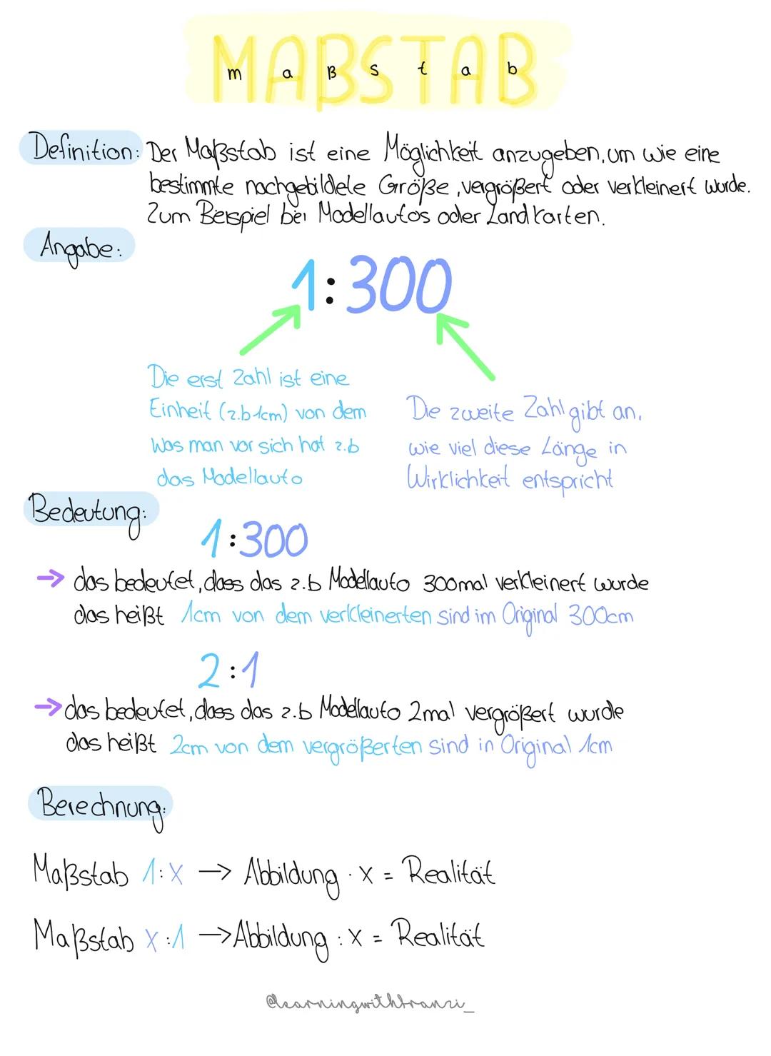 # MABSTAB

Definition: Der Maßstab ist eine Möglichkeit anzugeben, um wie eine
bestimmte nachgebildele Größe, vergrößert oder verkleinert wu