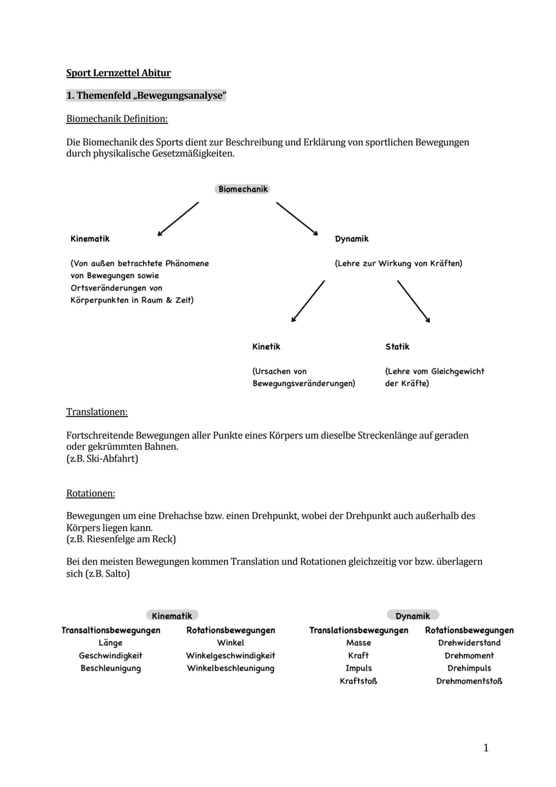 Sport Lernzettel Abitur
1. Themenfeld ,,Bewegungsanalyse"
Biomechanik Definition:
Die Biomechanik des Sports dient zur Beschreibung und Erkl