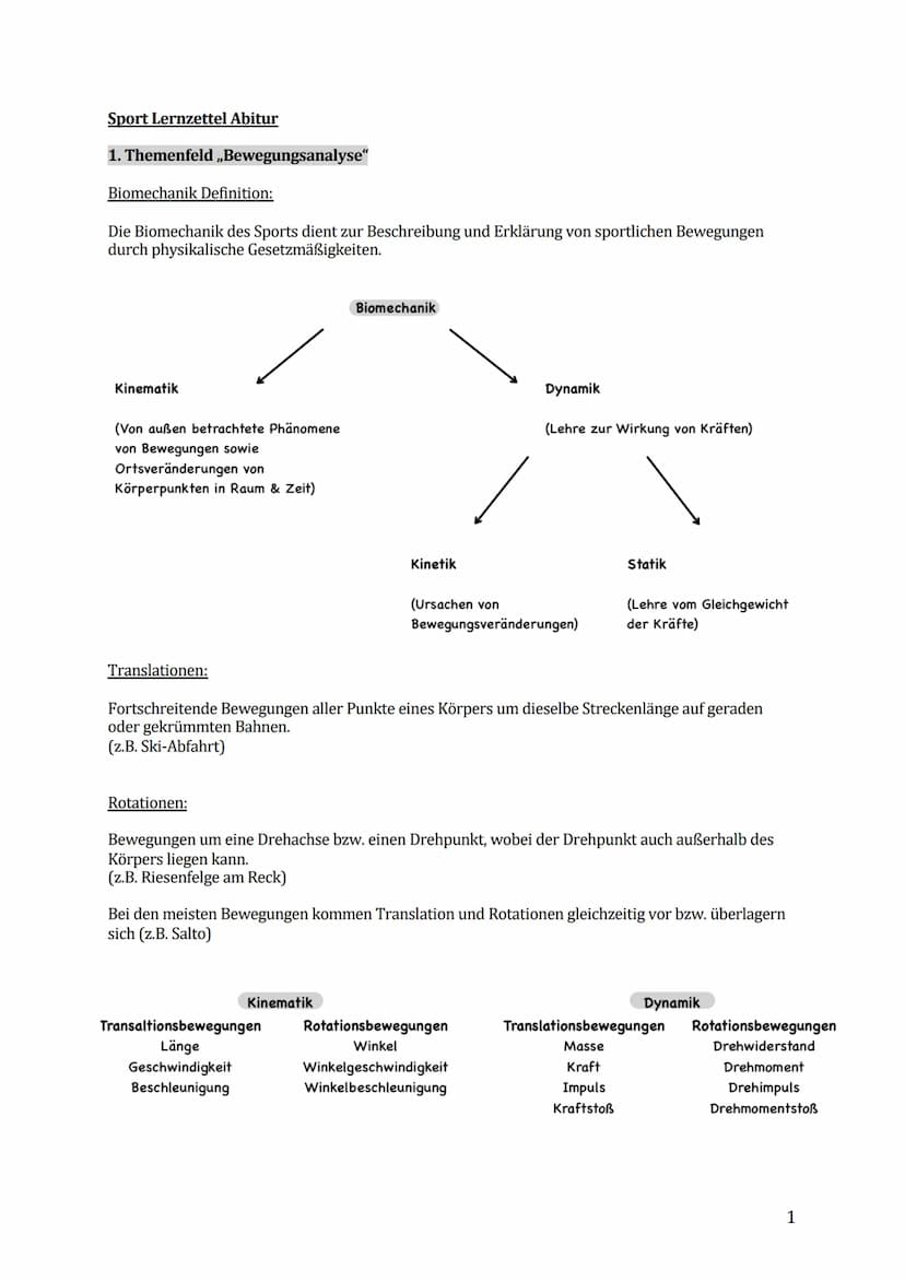 Sport Lernzettel Abitur
1. Themenfeld ,,Bewegungsanalyse"
Biomechanik Definition:
Die Biomechanik des Sports dient zur Beschreibung und Erkl