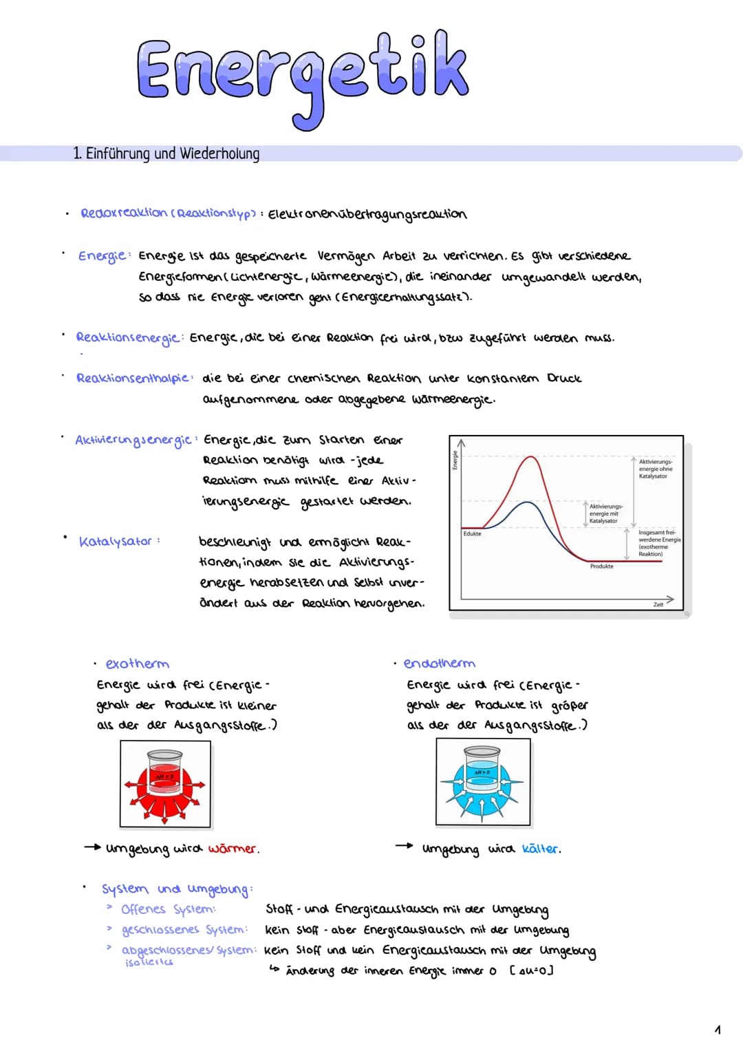 Energetik
1. Einführung und Wiederholung
Redox reaktion (Reaktionstyp): Elektronenübertragungsreaktion
Energie Energie ist das gespeicherte 