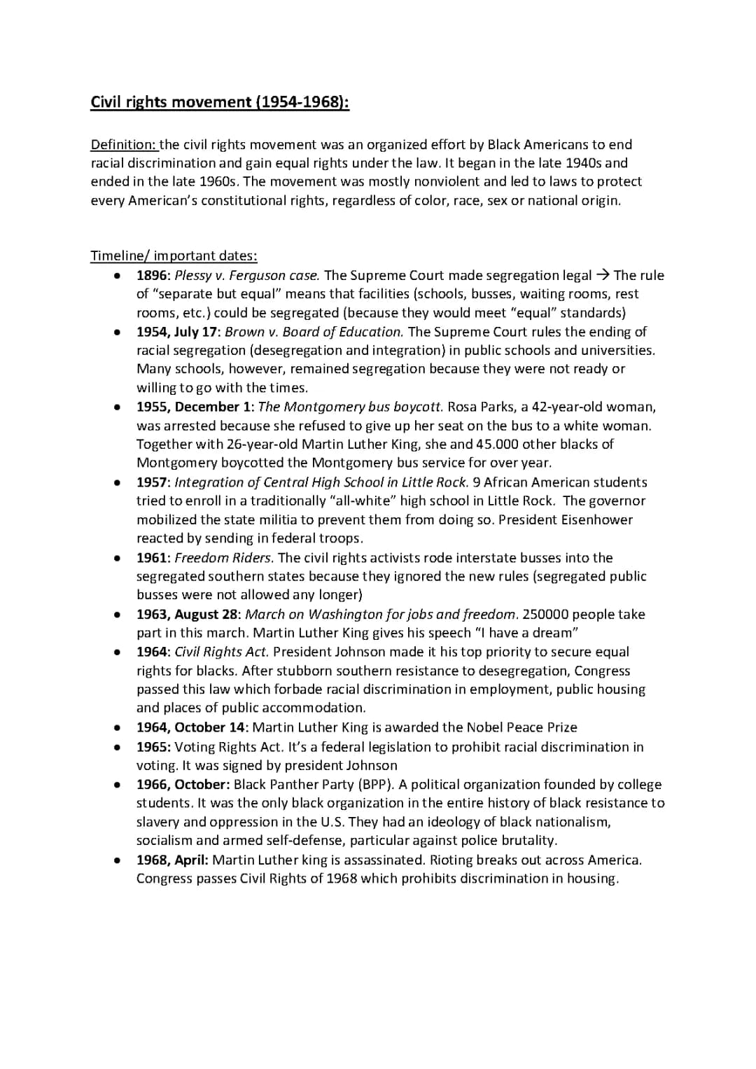 Civil Rights Movement - Übersicht (Daten, Personen, Events, etc.)