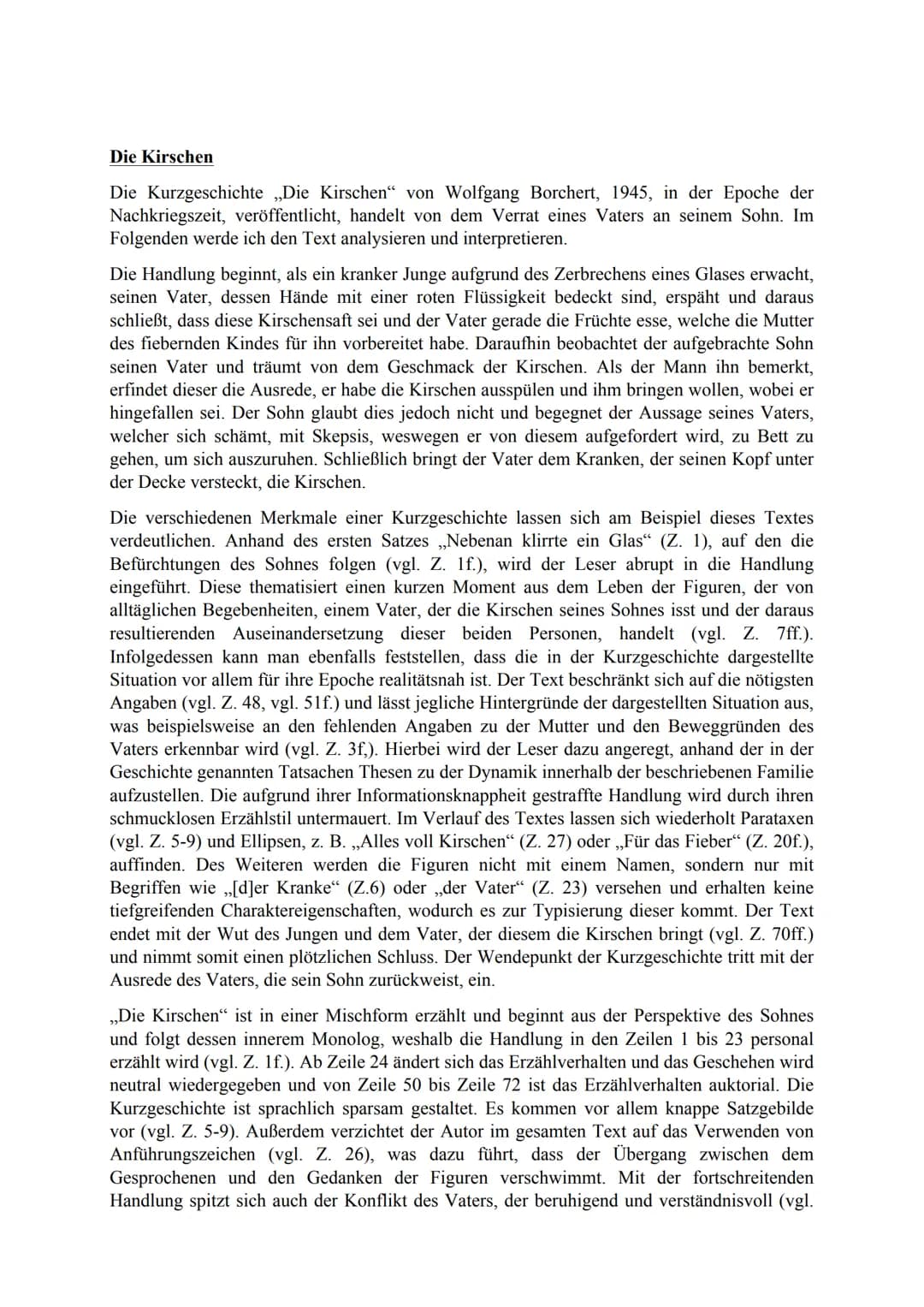 Die Kirschen
Die Kurzgeschichte ,,Die Kirschen" von Wolfgang Borchert, 1945, in der Epoche der
Nachkriegszeit, veröffentlicht, handelt von d
