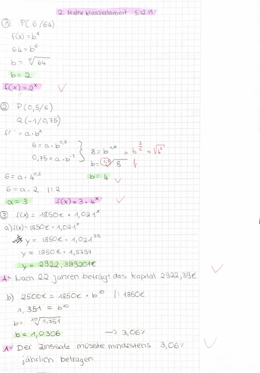Mathematik
2. Klassenarbeit
Exponentialfunktion
1. Der Graph der Exponentialfunktion f(x) = bx geht durch den Punkt (6164). Ermittle die
Fun