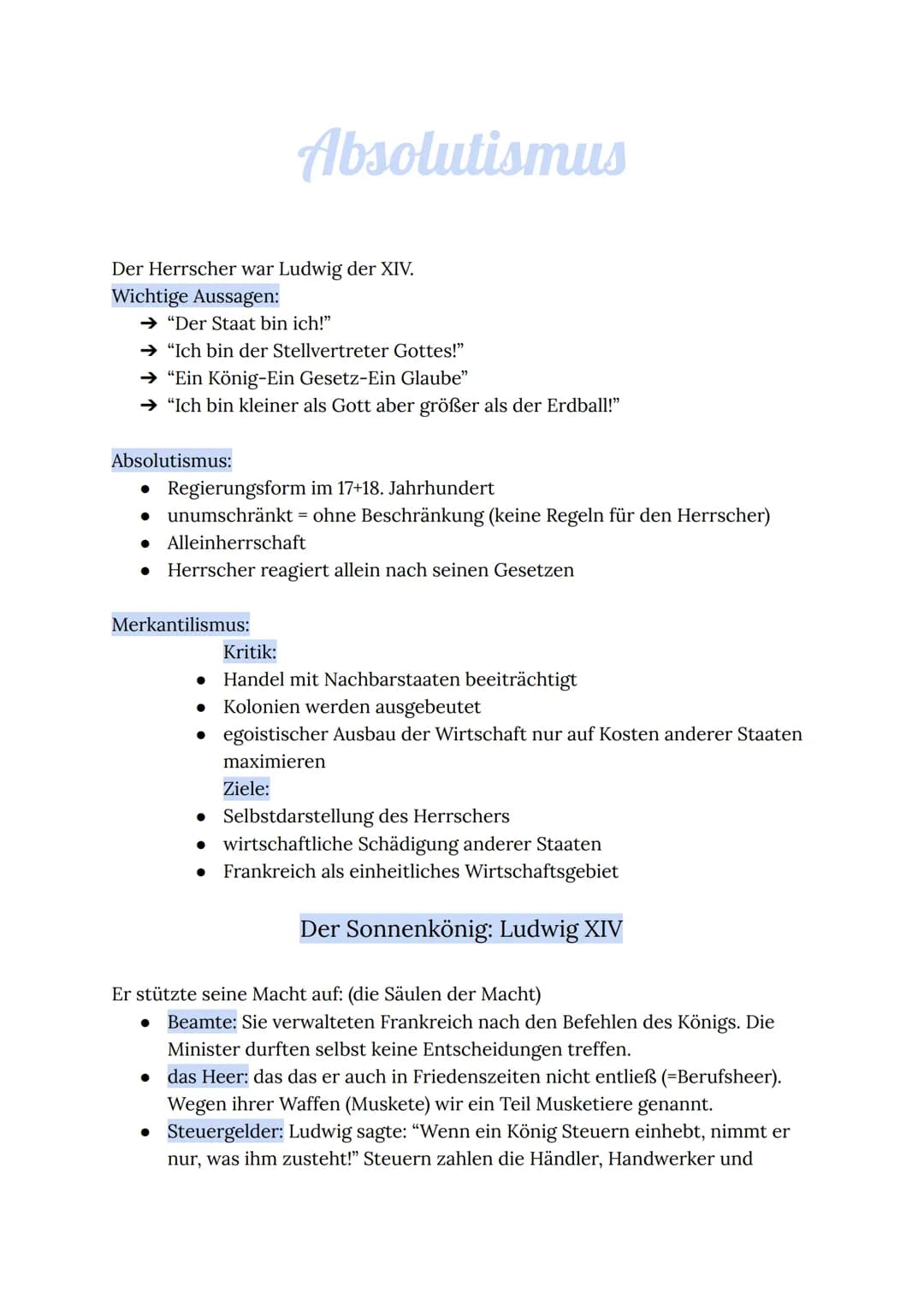 Der Herrscher war Ludwig der XIV.
Wichtige Aussagen:
→ "Der Staat bin ich!"
→ "Ich bin der Stellvertreter Gottes!"
→ "Ein König-Ein Gesetz-E