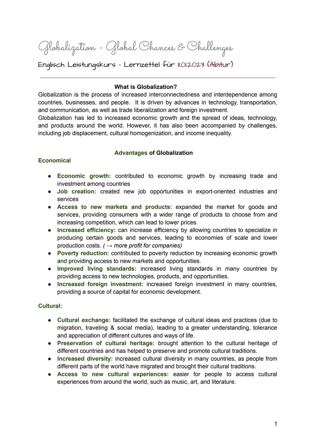 Globalization - Global Chances & Challenges
Englisch Leistungskurs - Lernzettel für 11.01.2023 (Abitur)
What is Globalization?
Globalization