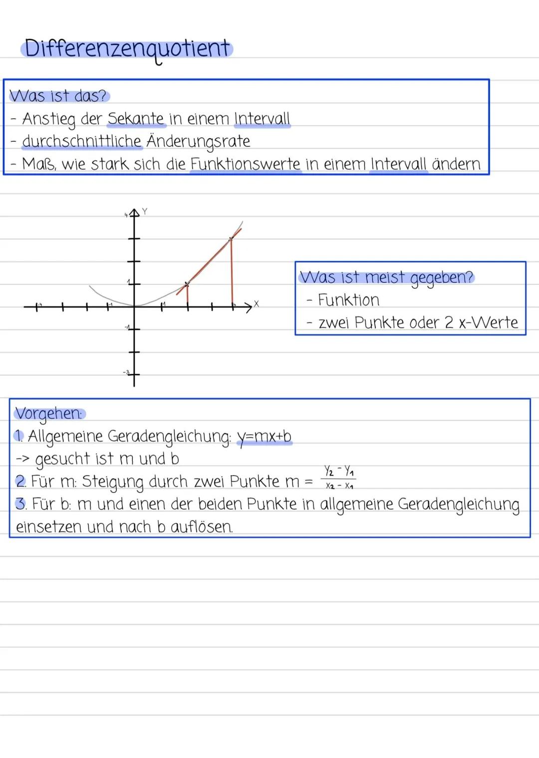 Differenzenquotient
Was ist das?
- Anstieg der Sekante in einem Intervall
durchschnittliche Änderungsrate
Maß, wie stark sich die Funktionsw