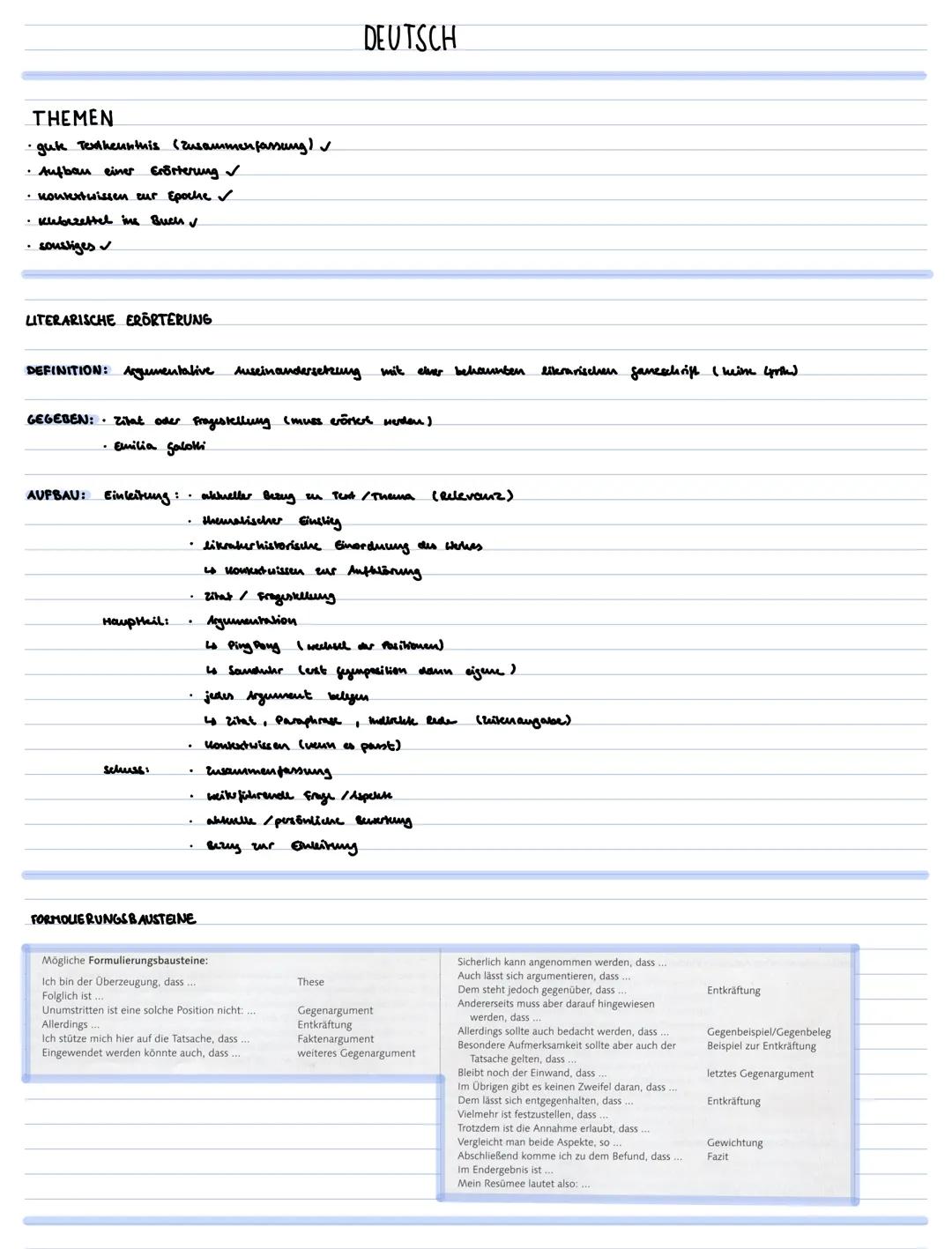 # DEUTSCH

THEMEN
- guk Terdheunthis (zusammenfassung) v
- Aufbau einer Erörterung
- kouentwissen zur Epoche✓
- Kubezettel in Buch
- soustig