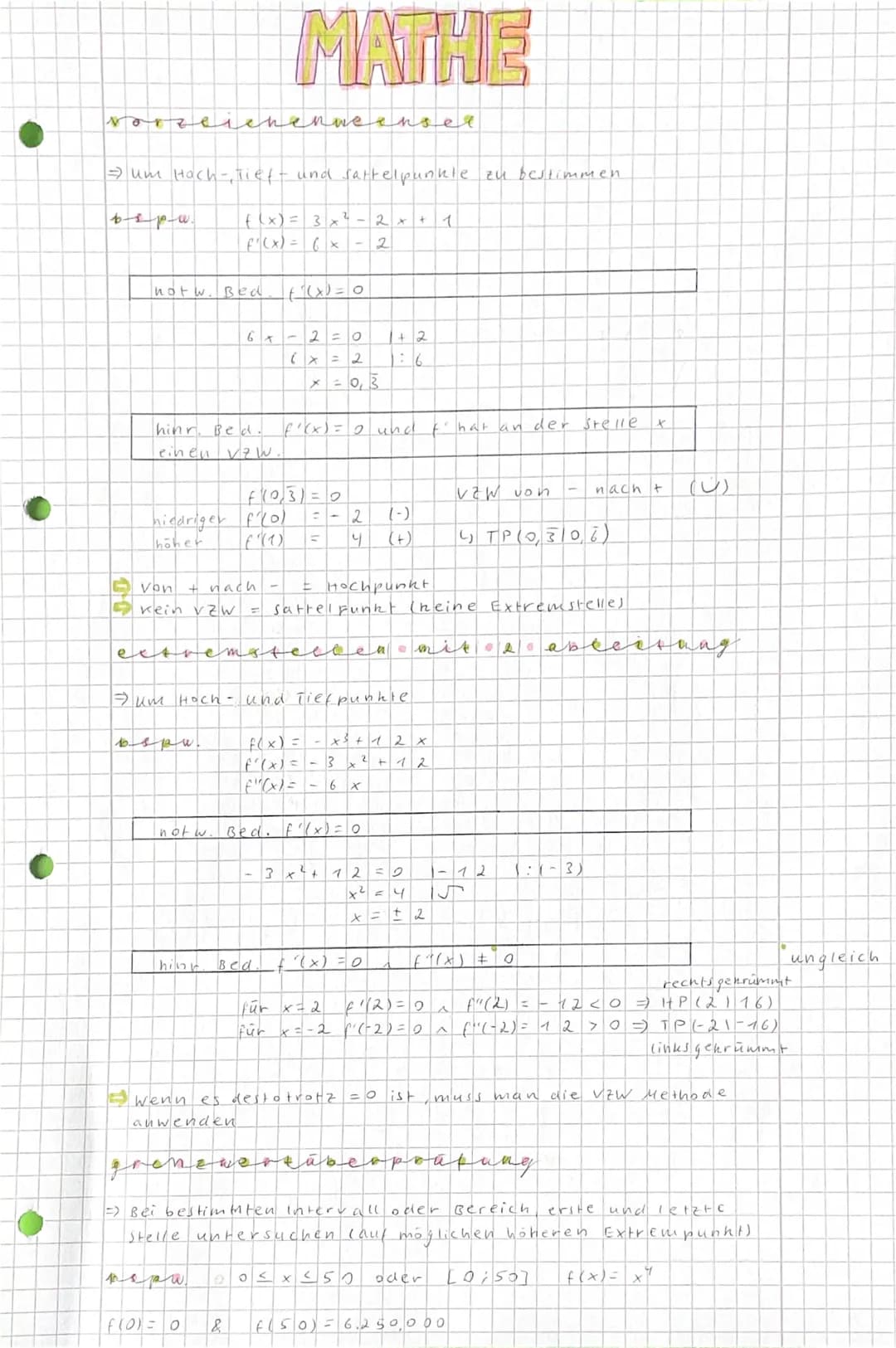 vorzeichenweensel
⇒ um Hoch-, Tief- und Sattelpunkle zu bestimmen
f(x) = 3x² - 2x + 1
f'(x) = 6 x - 2
bspw.
notw. Bed
hinr. Bed.
leinen vzw.