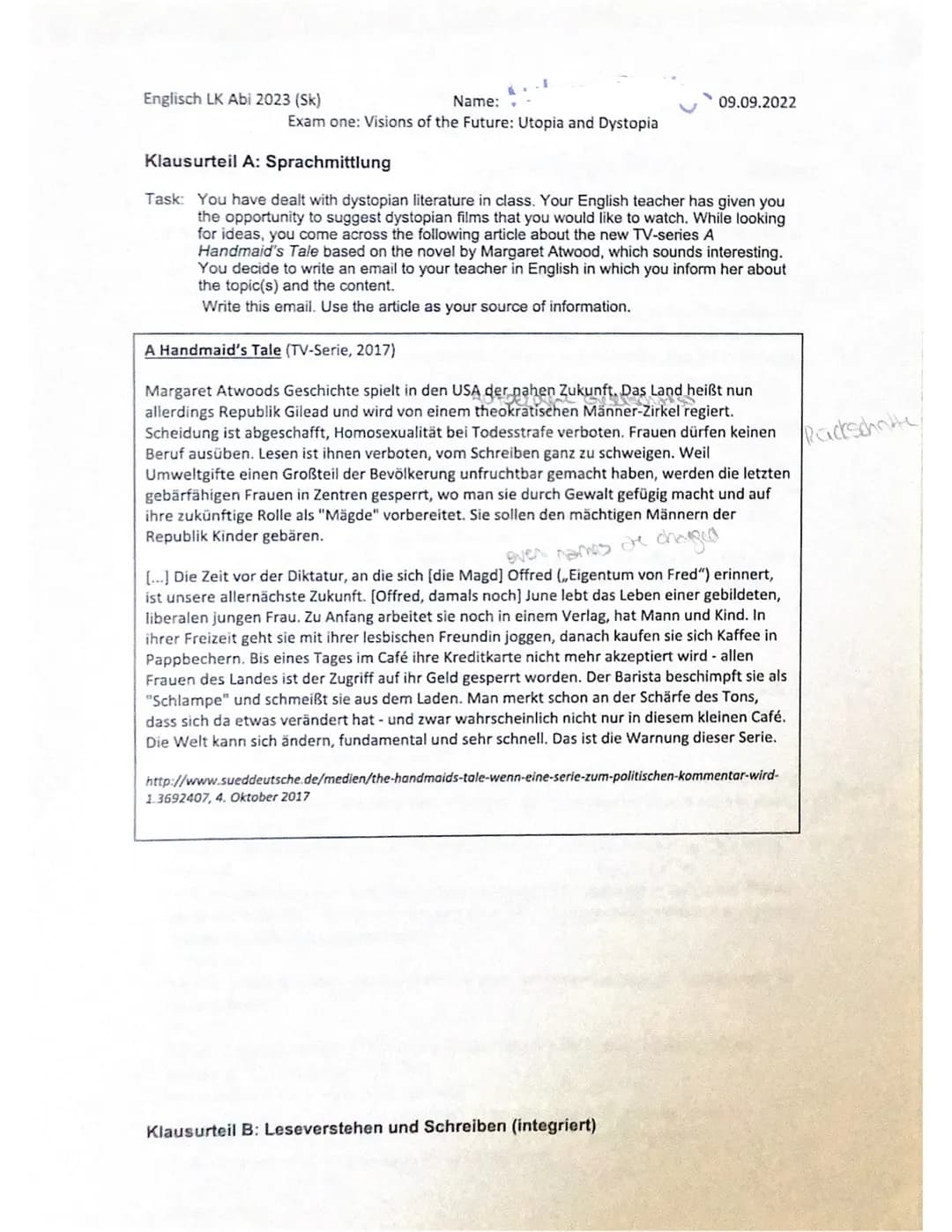 Name:
Englisch LK Abi 2023 (Sk)
Exam one: Visions of the Future: Utopia and Dystopia
Klausurteil A: Sprachmittlung
Task: You have dealt with