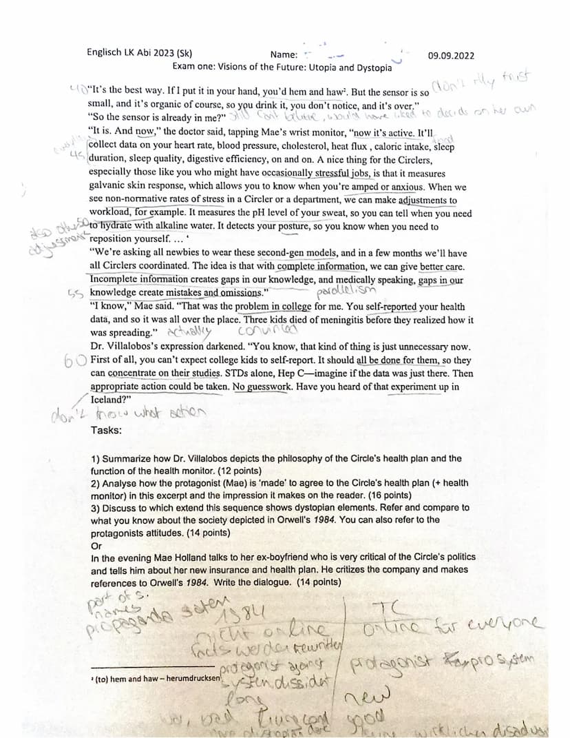 Name:
Englisch LK Abi 2023 (Sk)
Exam one: Visions of the Future: Utopia and Dystopia
Klausurteil A: Sprachmittlung
Task: You have dealt with