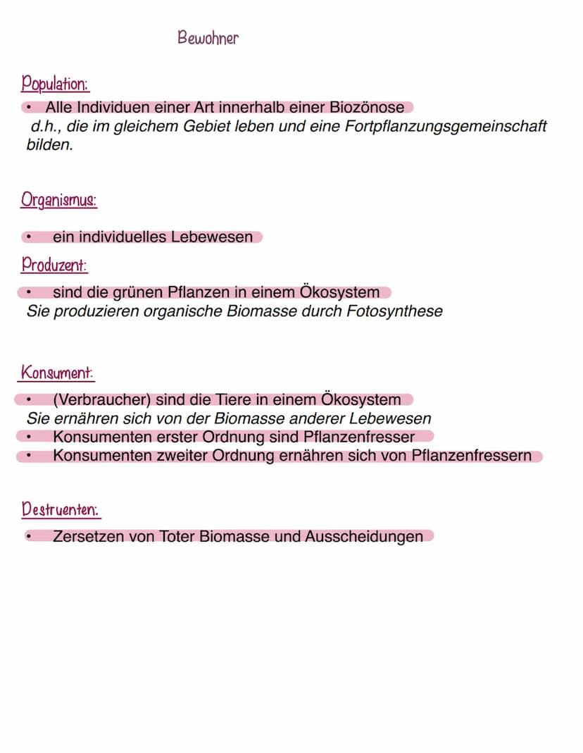 Ökosystem:
Gesamtheit aus Biozönose und Biotop
Ein Ökosystem umfasst den Lebensraum, die darin vorkommenden
Lebewesen und alle Wechselwirkun