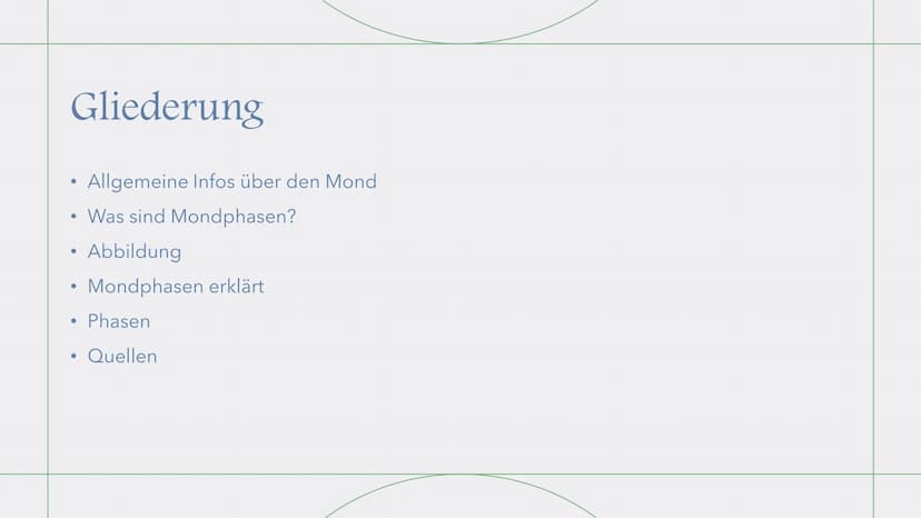 Mondphasen
Kurz-Präsentation Gliederung
Allgemeine Infos über den Mond
• Was sind Mondphasen?
●
Abbildung
Mondphasen erklärt
●
●
●
●
●
Phase
