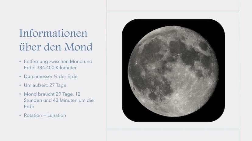 Mondphasen
Kurz-Präsentation Gliederung
Allgemeine Infos über den Mond
• Was sind Mondphasen?
●
Abbildung
Mondphasen erklärt
●
●
●
●
●
Phase