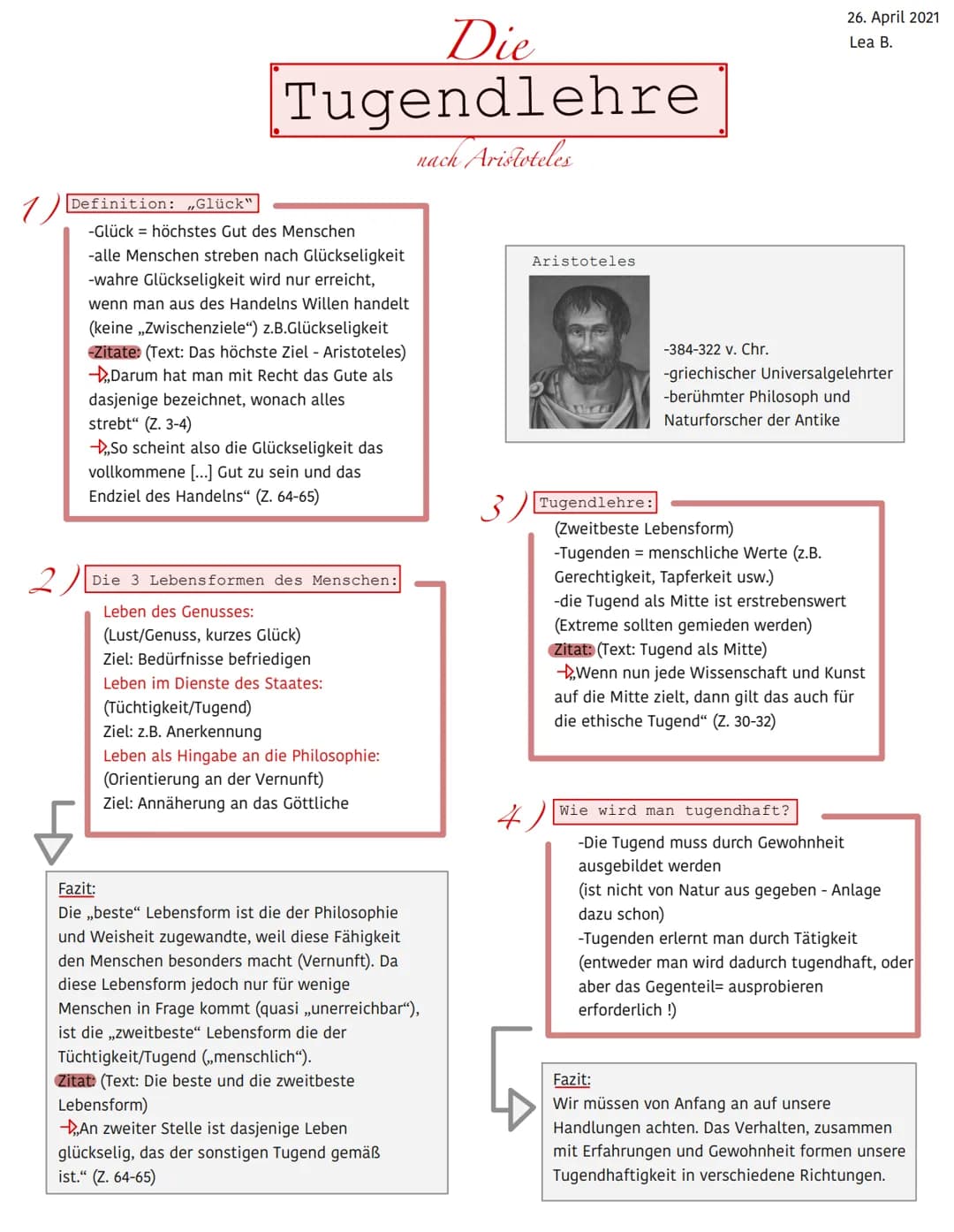 1
Die
Tugendlehre
nach Aristoteles
Definition: ,,Glück"
-Glück = höchstes Gut des Menschen
-alle Menschen streben nach Glückseligkeit
-wahre