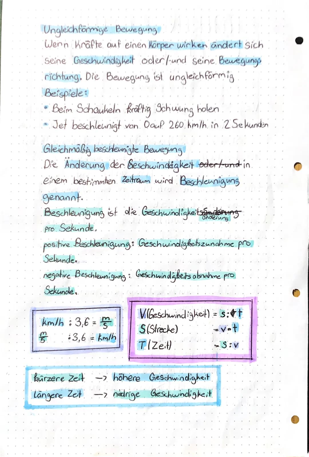 PHYSIK
Lernzettel
Bewegungen
//
V=
V =
S = Strecke
t = Time (Zeit)
O
Geschwindigkeit
Wenn man km/h in m/s (Meter pro
will rechnet man km/h :