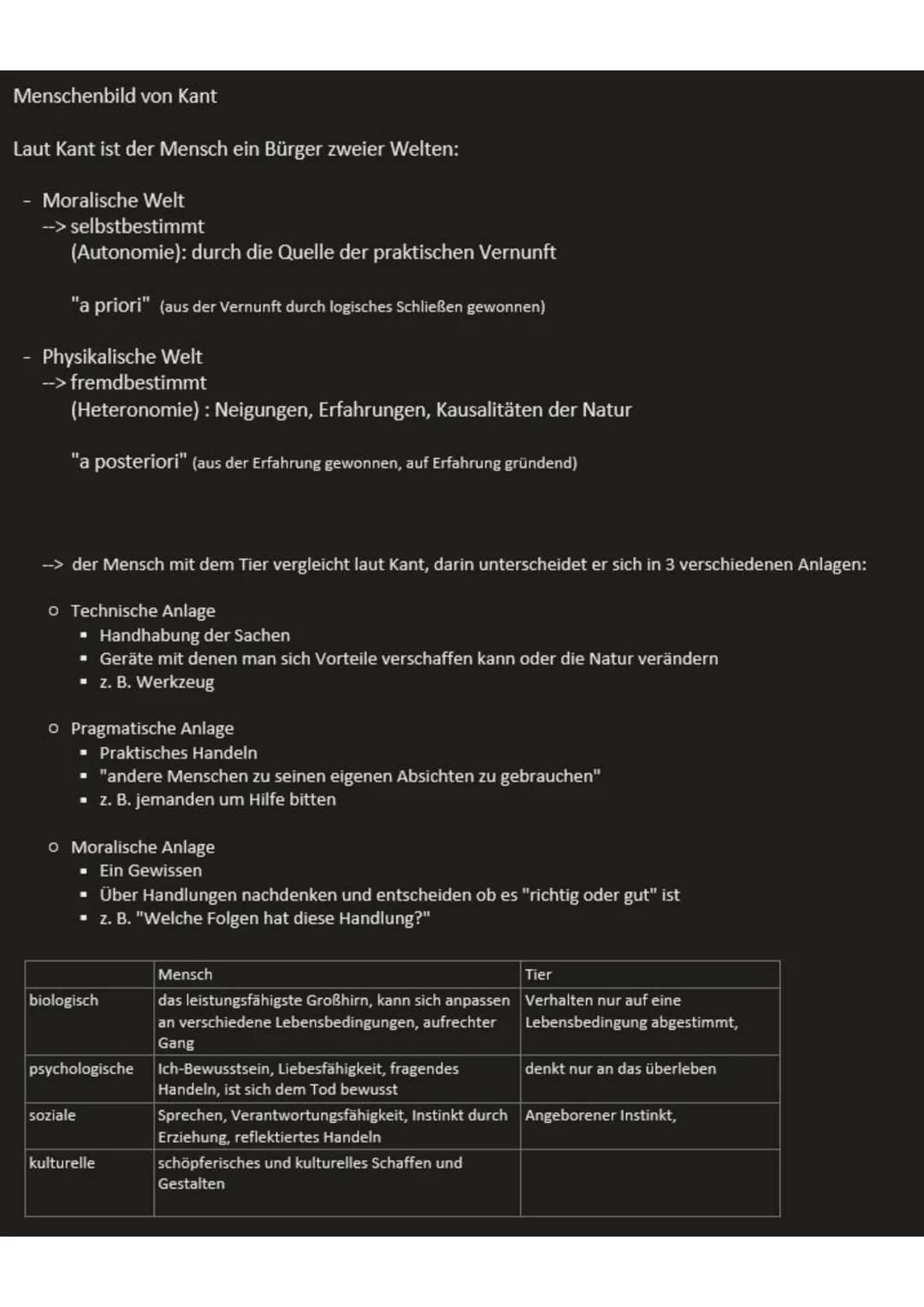 Menschenbild von Kant
Laut Kant ist der Mensch ein Bürger zweier Welten:
Moralische Welt
selbstbestimmt
(Autonomie): durch die Quelle der pr