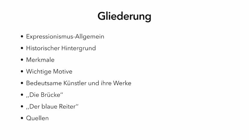 Der Expressionismus Gliederung
Expressionismus-Allgemein
• Historischer Hintergrund
• Merkmale
• Wichtige Motive
• Bedeutsame Künstler und i