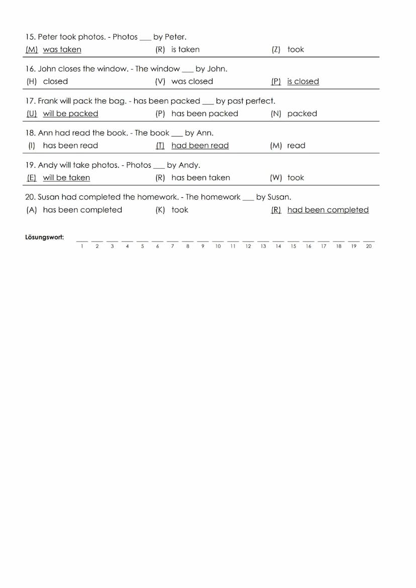 The Passive Voice
Das Passiv
1. Paul writes a letter. - A letter
(T) is written
Simple Present
Aufgabenstellung: Finde die richtige Form für