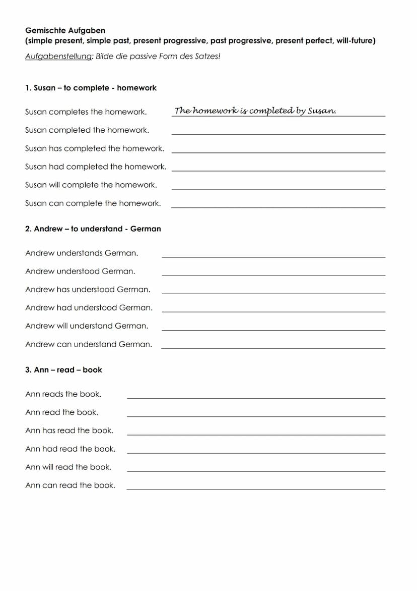 The Passive Voice
Das Passiv
1. Paul writes a letter. - A letter
(T) is written
Simple Present
Aufgabenstellung: Finde die richtige Form für