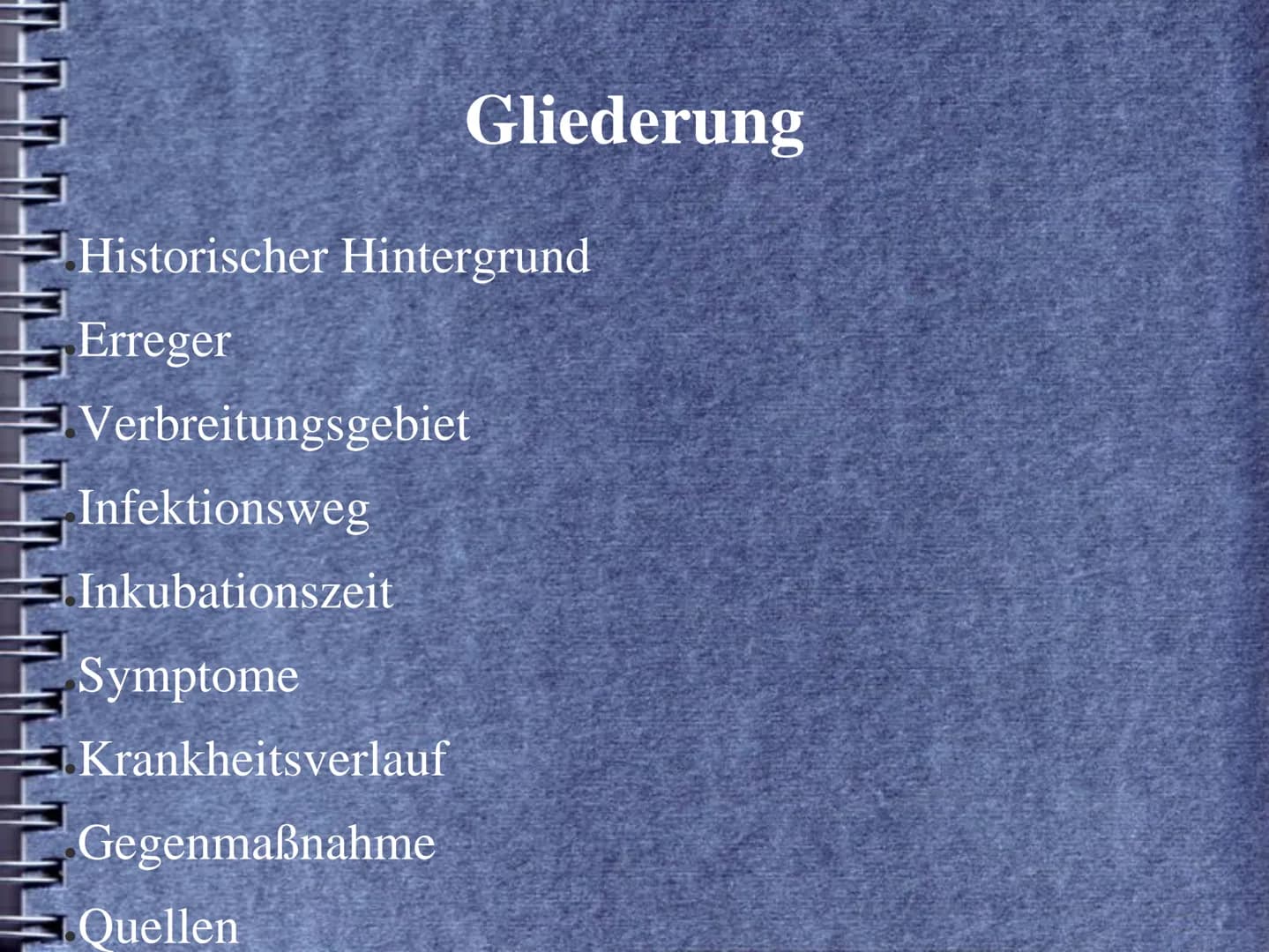 Pocken (Variola) Historischer Hintergrund
Erreger
Gliederung
Verbreitungsgebiet
Infektionsweg
Inkubationszeit
Symptome
Krankheitsverlauf
Geg