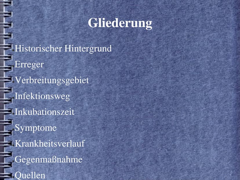 Pocken (Variola) Historischer Hintergrund
Erreger
Gliederung
Verbreitungsgebiet
Infektionsweg
Inkubationszeit
Symptome
Krankheitsverlauf
Geg
