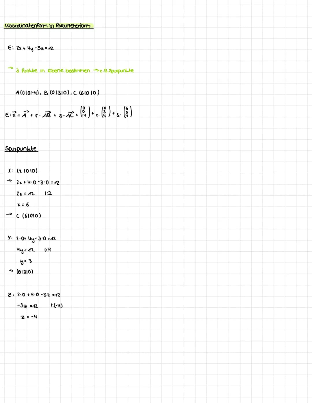 ebenengleichungen
Parameterform
EX²=+ · + s.2
Stützveltor
Spannventoren
Bspl: A (21113), B(-11-410); C(51-610)
L
EXO+ AB+S. AC
- () ()
AC = 