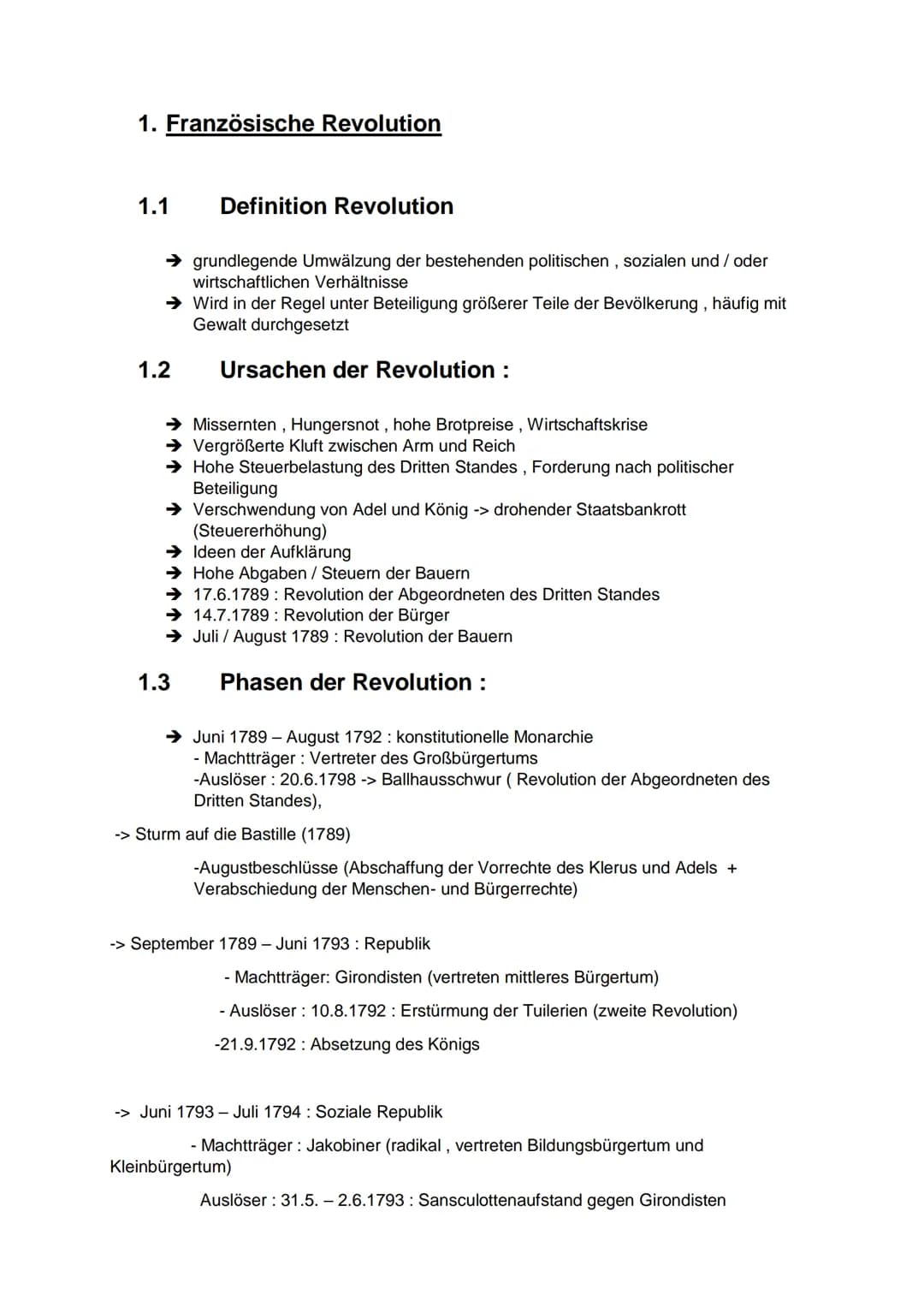 1. Französische Revolution
1.1 Definition Revolution
→ grundlegende Umwälzung der bestehenden politischen, sozialen und / oder
wirtschaftlic