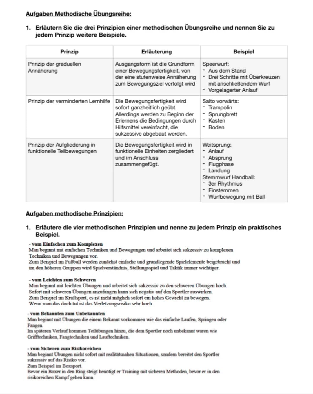 Aufgaben Methodische Übungsreihe:
1. Erläutern Sie die drei Prinzipien einer methodischen Übungsreihe und nennen Sie zu
jedem Prinzip weiter