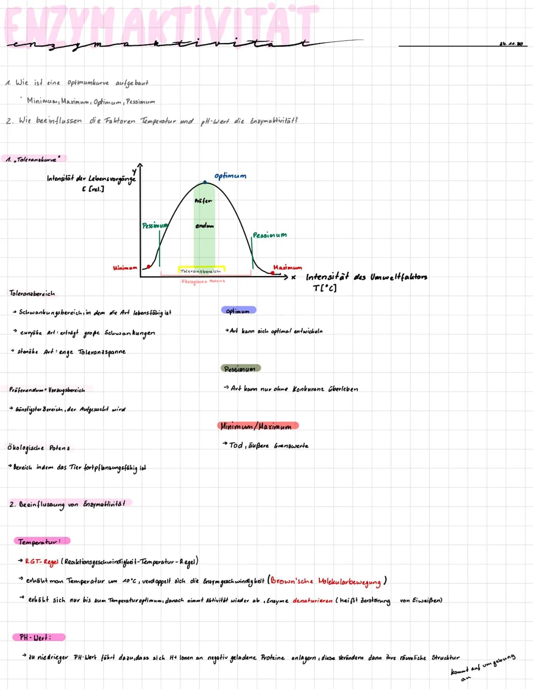 ENZYM AKTIVITAT
1. Wie ist eine optimumkurve aufgebaut
Minimum Maximum, Optimum, Pessimum
2. Wie beeinflussen die Faktoren Temperatur und pH