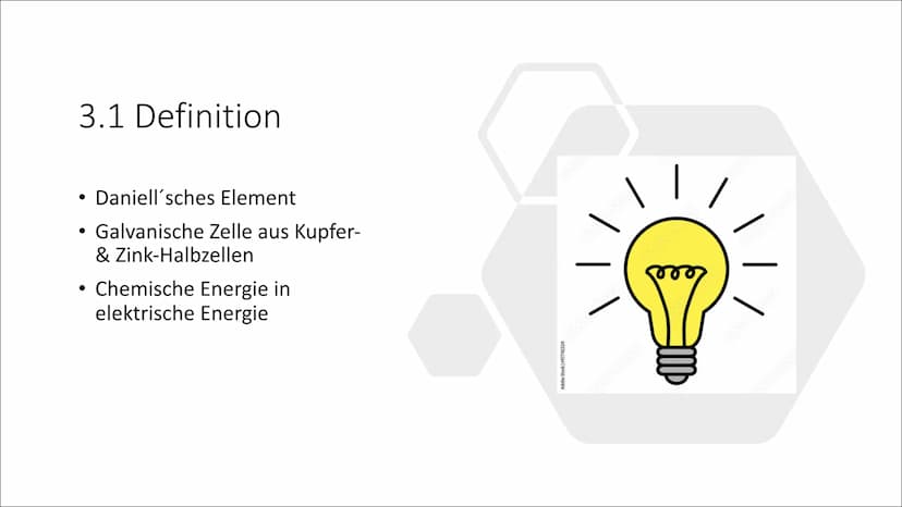 Galvanische Zelle - Daniell
Element Gliederung
1. Geschichte
1.1 Froschschenkelexperiment
2.1. Volta'sche Säule
2. Galvanische Zelle
2.1 Def