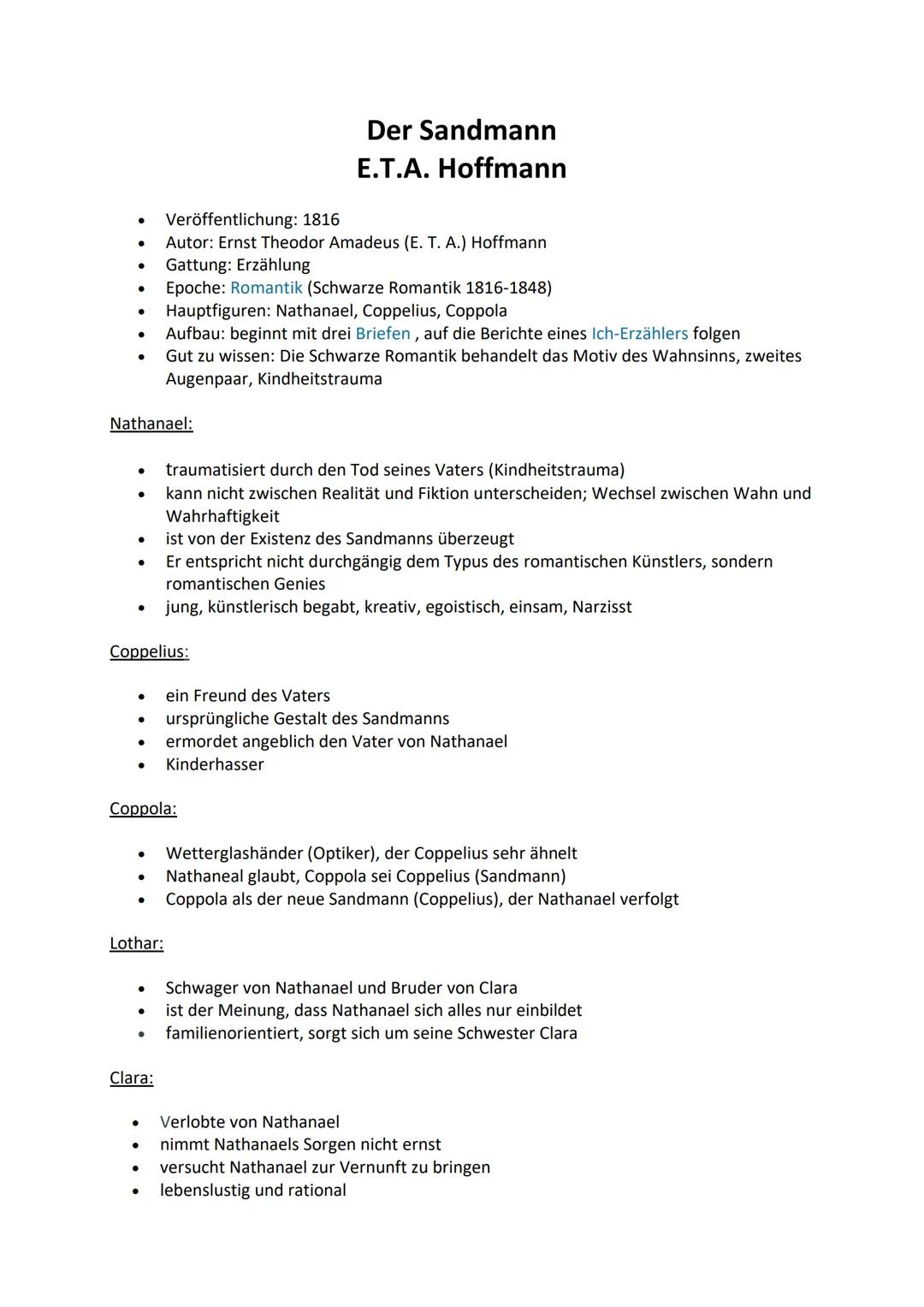 # Der Sandmann
## E.T.A. Hoffmann

- Veröffentlichung: 1816
- Autor: Ernst Theodor Amadeus (E. T. A.) Hoffmann
- Gattung: Erzählung
- Epoche