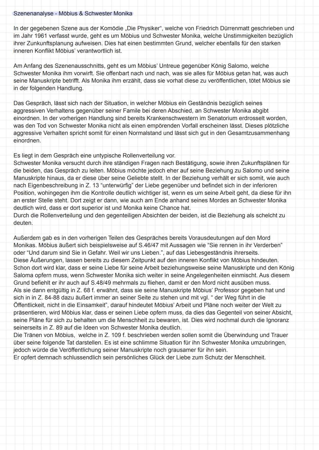 Szenenanalyse - Möbius & Schwester Monika
In der gegebenen Szene aus der Komödie ,,Die Physiker", welche von Friedrich Dürrenmatt geschriebe
