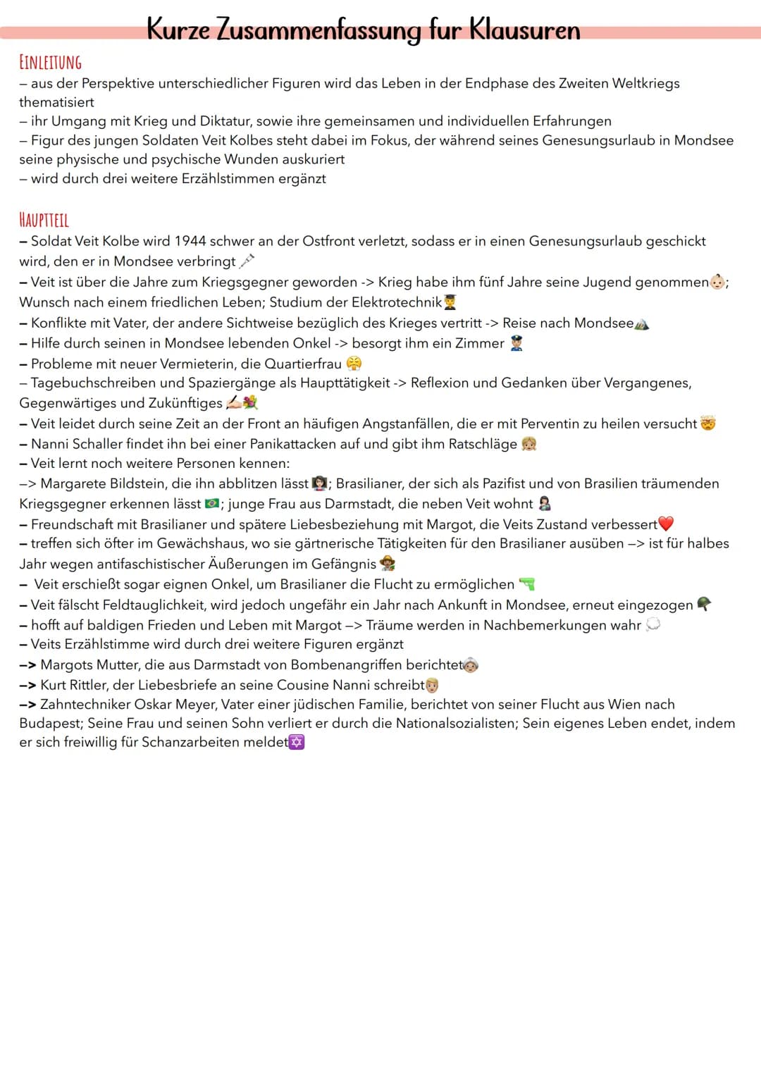 Kurze Zusammenfassung fur Klausuren
EINLEITUNG
- aus der Perspektive unterschiedlicher Figuren wird das Leben in der Endphase des Zweiten We