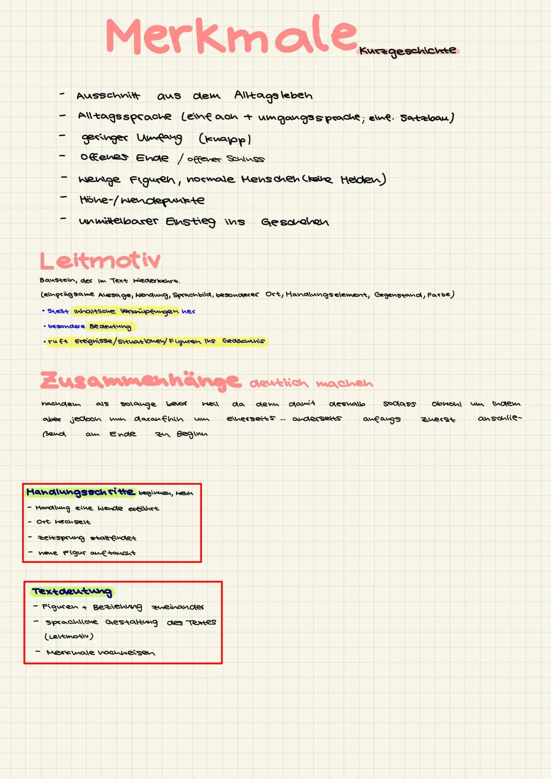L
-
-
Merkmale
Ausschnitt aus dem Alltagsleben
Alltagssprache (einfach + umgangssprache; einf. Satzbau)
geringer Umfang (knapp)
offenes Ende
