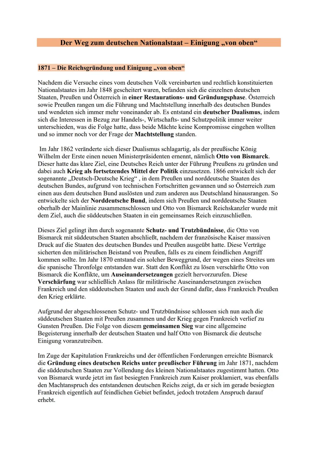 Der Weg zum deutschen Nationalstaat – Einigung „von oben“
1871 - Die Reichsgründung und Einigung „von oben“
Nachdem die Versuche eines vom d