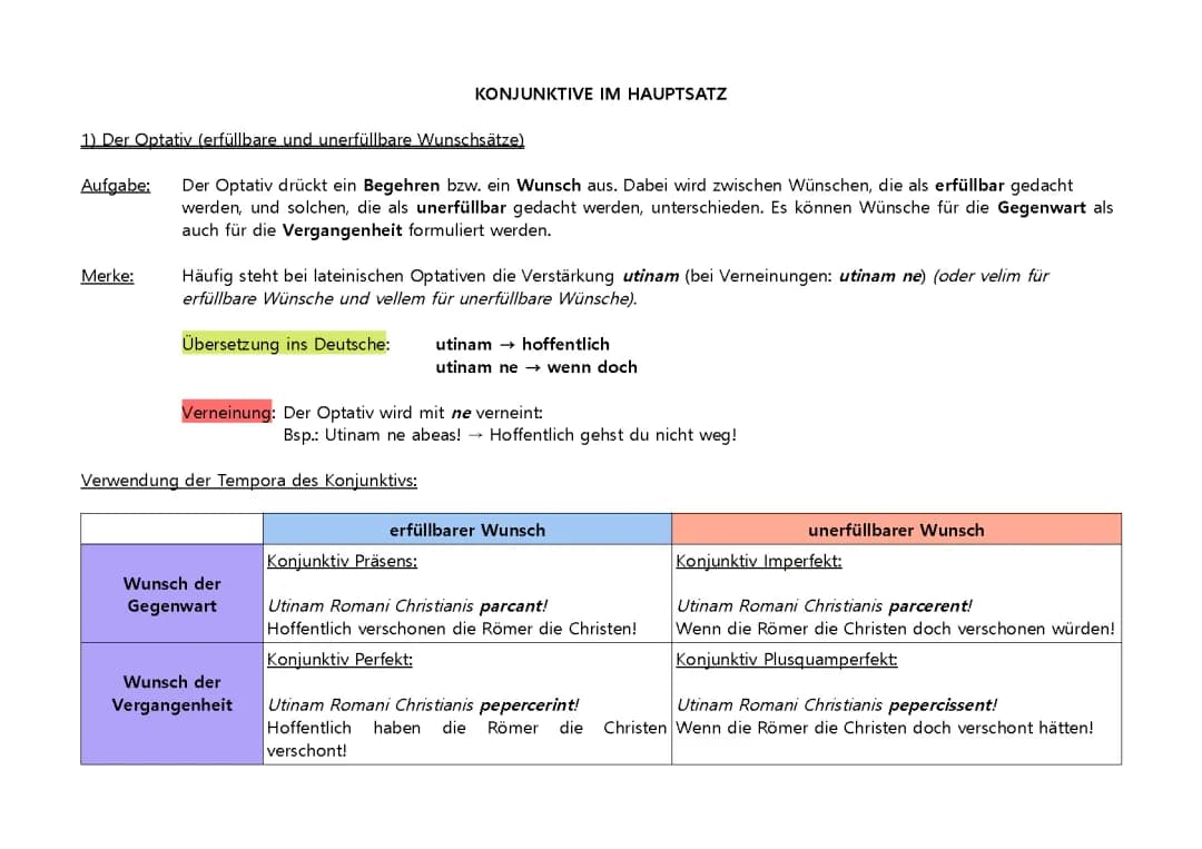 Konjunktiv im Hauptsatz Latein Übungen PDF und Tabelle