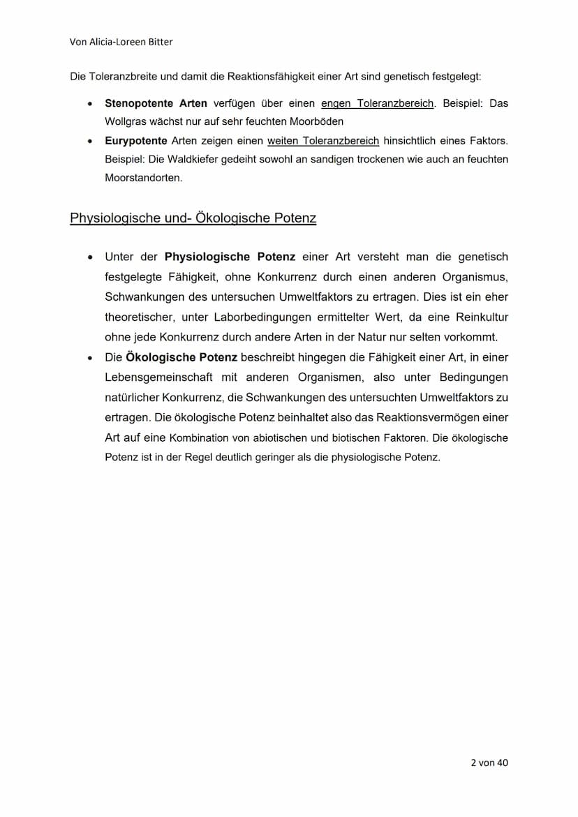 Von Alicia-Loreen Bitter
Abiotische Faktoren
Toleranz und Ökologische Potenz
Abiotische Umweltfaktoren beeinflussen die Aktivität von Lebewe