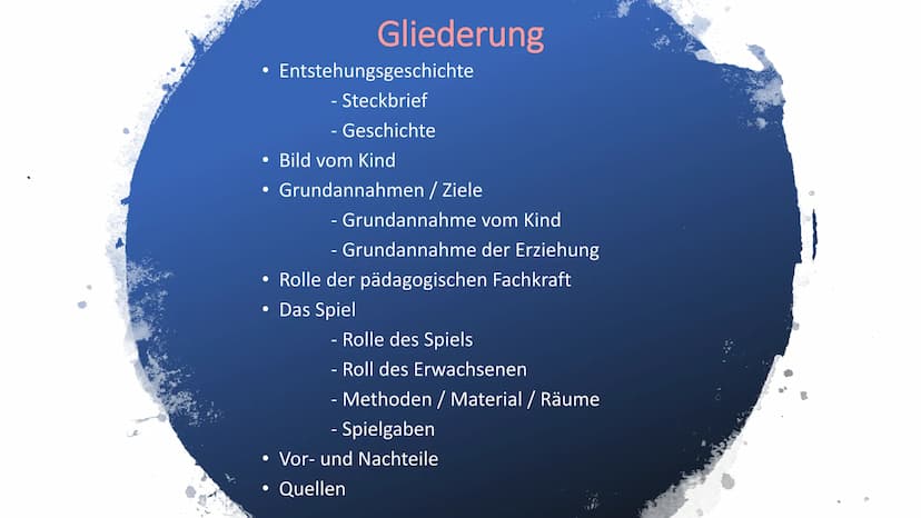 Fröbelpädagogik
1 ●
●
Gliederung
Entstehungsgeschichte
-Steckbrief
- Geschichte
-
Bild vom Kind
Grundannahmen / Ziele
- Grundannahme vom Kin
